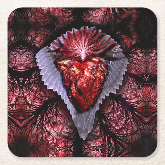 Posavasos Cuadrado De Papel Corazón en llamas (Anverso)