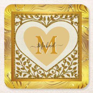 Posavasos Cuadrado De Papel Corazón Inicial Brillante Dorado Elegante & Nombre