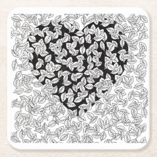 Posavasos Cuadrado De Papel Corazón Negro Abstracto Hojas Doodle Patrón Fiesta