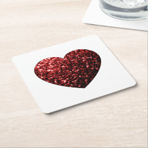 Posavasos Cuadrado De Papel Corazón rojo oscuro con brillo falso destellos