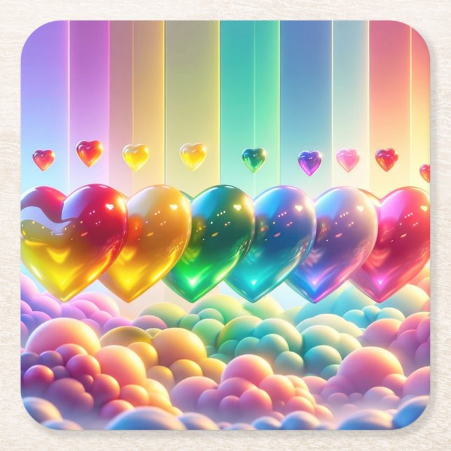 Posavasos Cuadrado De Papel Corazones arcoiris (Anverso)