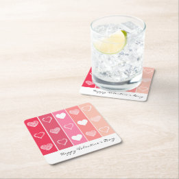 Posavasos Cuadrado De Papel Corazones blancos modernos rayas rojas y rosas Val