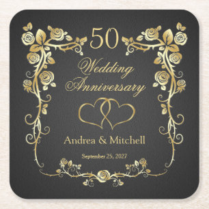 Posavasos Cuadrado De Papel Corazones florales de oro 50 aniversario Boda
