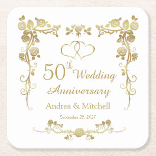 Posavasos Cuadrado De Papel Corazones florales de oro 50 aniversario Boda