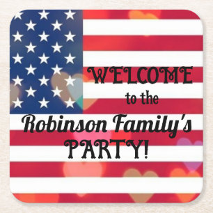 Posavasos Cuadrado De Papel Corazones Patriotic USA Flag con texto caligráfico