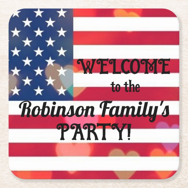 Posavasos Cuadrado De Papel Corazones Patriotic USA Flag con texto caligráfico (Anverso)