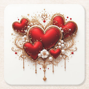 Posavasos Cuadrado De Papel Corazones rojos elegantes con detalles florales do