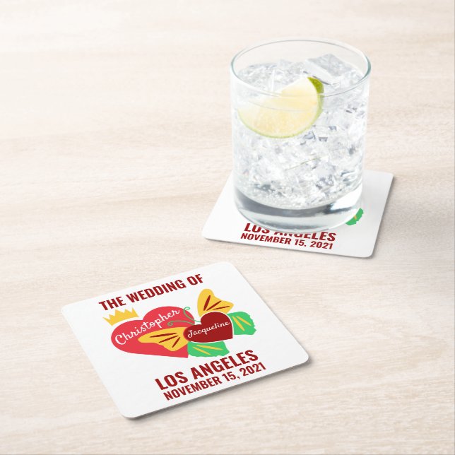 Posavasos Cuadrado De Papel Corazones rojos, mariposa elegante (In situ)