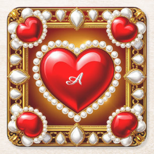 Posavasos Cuadrado De Papel Corazones rojos ornamentados con oro y perlas