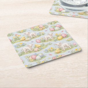 Posavasos Cuadrado De Papel Cordero de Pascua y pollito acuarela floral primav