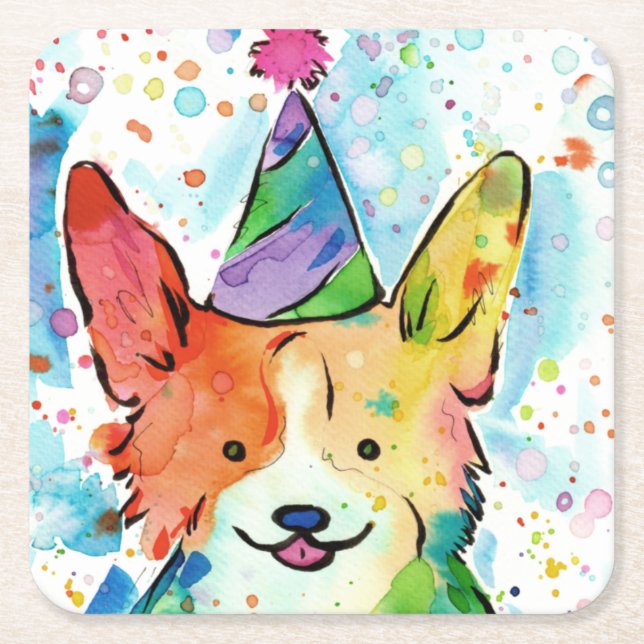 Posavasos Cuadrado De Papel Corgi Birthday Party (Anverso)
