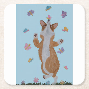 Posavasos Cuadrado De Papel Corgi galés bailando con mariposas