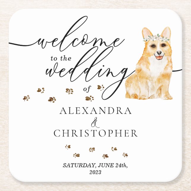 Posavasos Cuadrado De Papel Corgi Perro cachorro bienvenido al boda (Anverso)