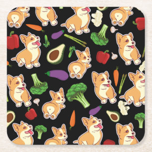 Posavasos Cuadrado De Papel Corgi y verduras Patrón de alimentos Negro
