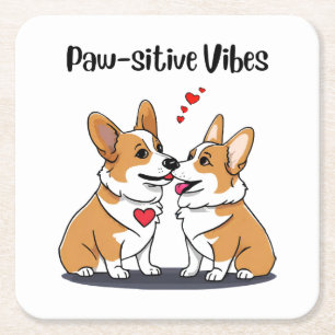 Posavasos Cuadrado De Papel Corgis Vibes enamorados