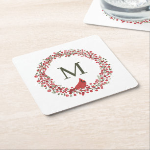 Posavasos Cuadrado De Papel Corona de bayas rojas y monograma de cardenal rojo