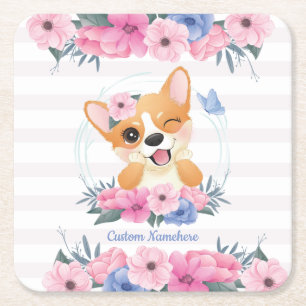 Posavasos Cuadrado De Papel Corona de flores de perro Corgi lindo Mariposa azu