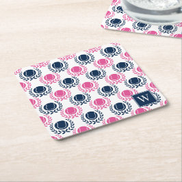 Posavasos Cuadrado De Papel Corona de Laurel de Tenis Preppy - Azul Marino y R
