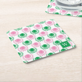 Posavasos Cuadrado De Papel Corona de Laurel de Tenis Preppy - Rosa y Verde