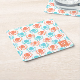 Posavasos Cuadrado De Papel Corona de Laurel Preppy Tennis - Coral y Turquesa