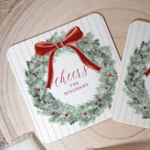 Posavasos Cuadrado De Papel Corona de Navidad Vintage Roja Anima