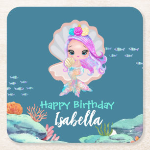 Posavasos Cuadrado De Papel Corona de perlas arcoiris de la sirena lindo fiest