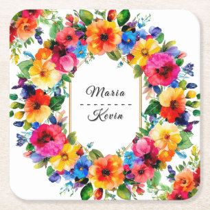 Posavasos Cuadrado De Papel Corona floral de boda colorida