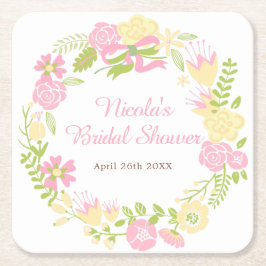 Posavasos Cuadrado De Papel Corona floral rosa y amarilla para despedida de so