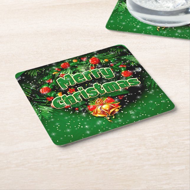 Posavasos Cuadrado De Papel Correspondiente Green Merry Christmas Gold Bells (En perspectiva)