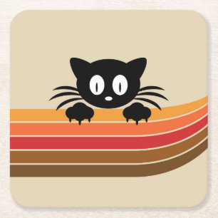 Posavasos Cuadrado De Papel Cortar gato negro con rayas retro