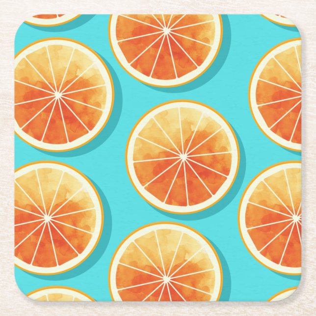 Posavasos Cuadrado De Papel Cortes de naranja en azul (Anverso)