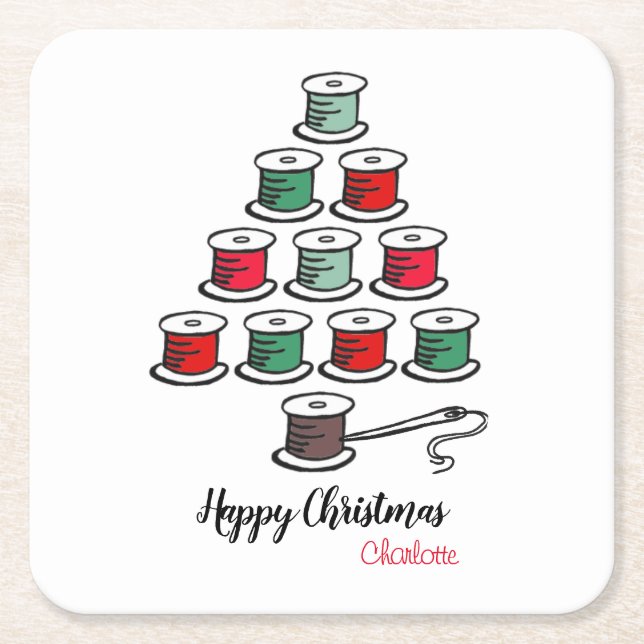 Posavasos Cuadrado De Papel Cosecha de árbol de Navidad de algodón Reel (Anverso)