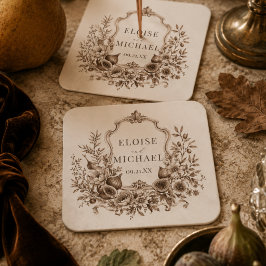 Posavasos Cuadrado De Papel Cosecha de Herencia Monograma Cresta Boda de Otoño