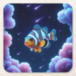 Posavasos Cuadrado De Papel Cosmic Clowfish<br><div class="desc">Este diseño presenta un pez payaso que vuela por el espacio con un fondo cósmico.</div>