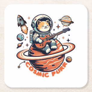 Posavasos Cuadrado De Papel Cosmic Purr - Gato Guitarrista Astro