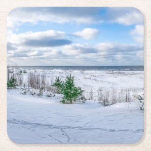 Posavasos Cuadrado De Papel Costa del Mar Báltico cubierta de nieve en inviern