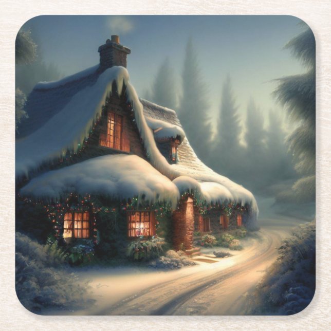Posavasos Cuadrado De Papel Cottage 3 navidades (Anverso)
