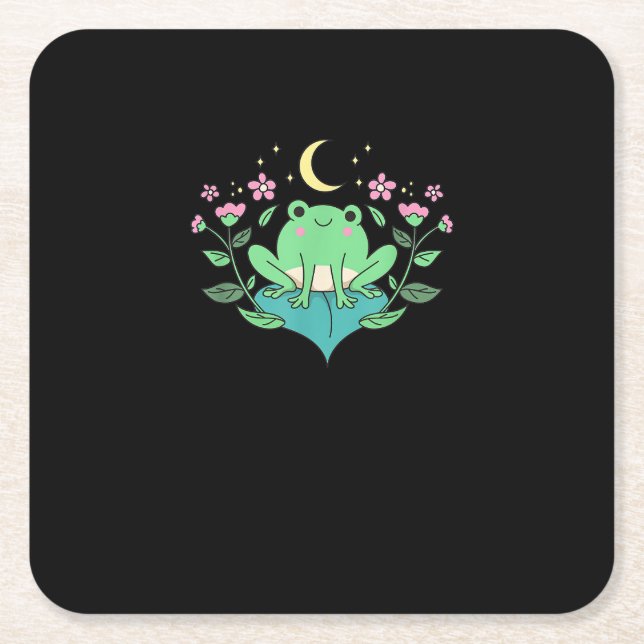 Posavasos Cuadrado De Papel Cottagecore Goblincore Moon Flowers Forest Frog Mu (Anverso)