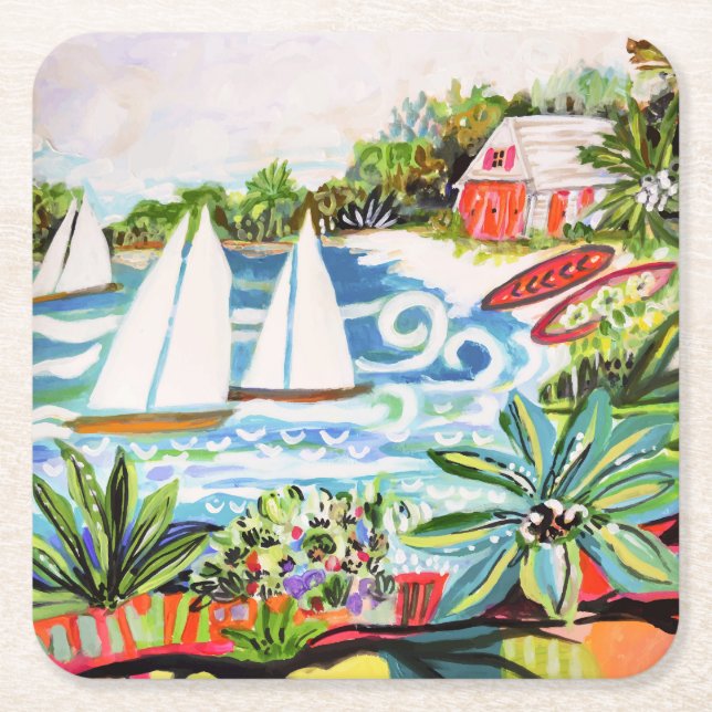 Posavasos Cuadrado De Papel Cottaje Rojo de la Bahía II (Anverso)