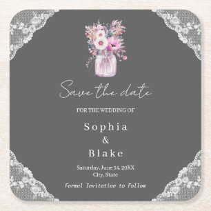 Posavasos Cuadrado De Papel Country Lace Mason Jar Gray Save the Date