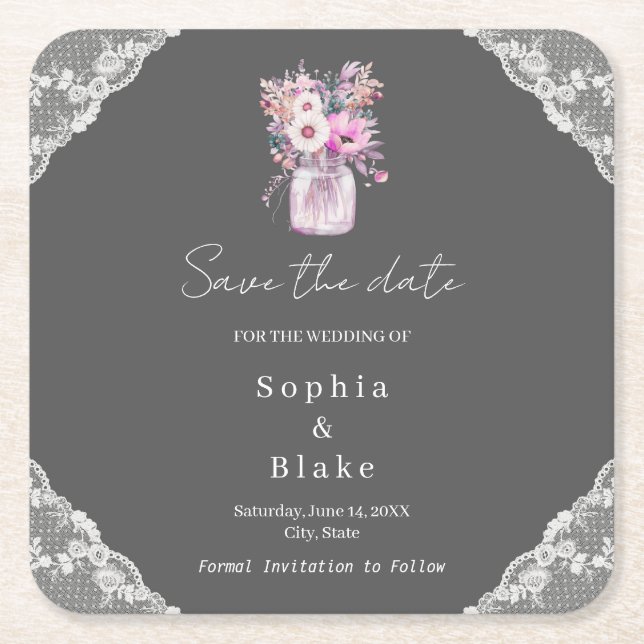 Posavasos Cuadrado De Papel Country Lace Mason Jar Gray Save the Date (Anverso)