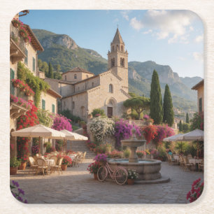 Posavasos Cuadrado De Papel Courtyard of an Italian village with a church