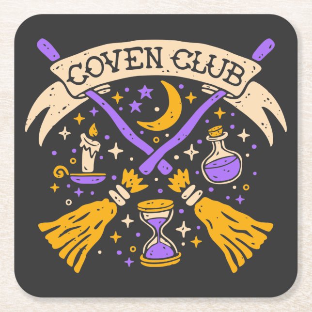 Posavasos Cuadrado De Papel Coven Club Halloween Wnight Sky (Anverso)