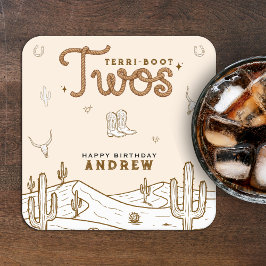 Posavasos Cuadrado De Papel Cowboy 2nd Birthday Party Terri-Boot Twos Western