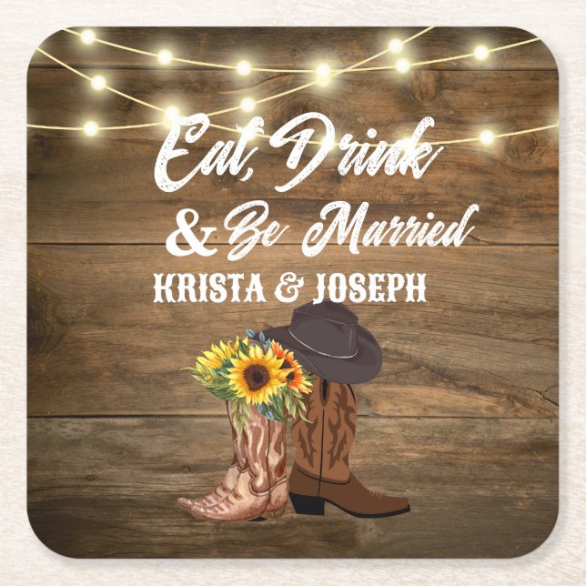 Posavasos Cuadrado De Papel Cowboy Boots Sunflower Western Wedding Favor (Anverso)