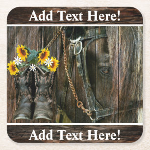 Posavasos Cuadrado De Papel Cowboy Caballo Boots Girasoles Rústica Junta de Pa