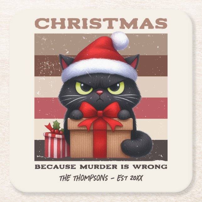 Posavasos Cuadrado De Papel Cozy Mocha Mousse Funny Cat Retro Christmas (Anverso)