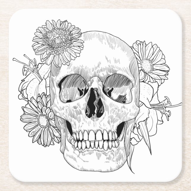 Posavasos Cuadrado De Papel Cráneo y flores inspirados (Anverso)