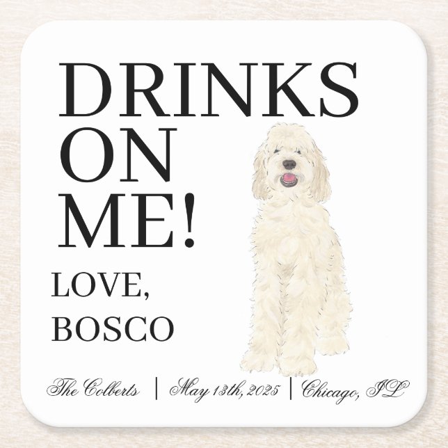 Posavasos Cuadrado De Papel Cream Doodle Doodle Dog Boda (Anverso)