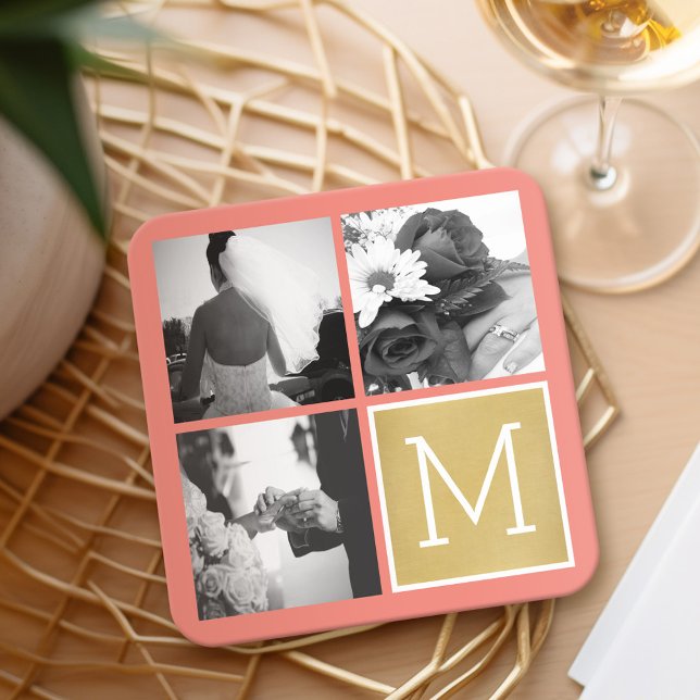 Posavasos Cuadrado De Papel Crear su propio monograma de Collage de fotos Boda (Wedding and Anniversary Coasters - Personalize with a photo collage)